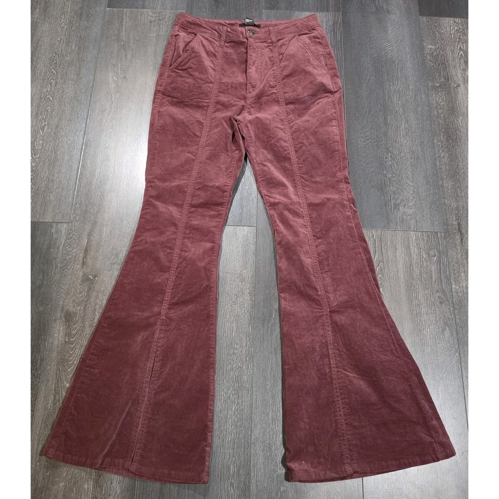 Forever 21 Flare Velvet Pant Women L Maroon Stretch Boho Goth Hippie Comfort 31"